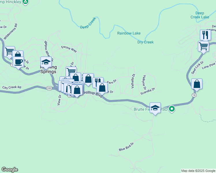 map of restaurants, bars, coffee shops, grocery stores, and more near 32220 Mohan Way in Running Springs