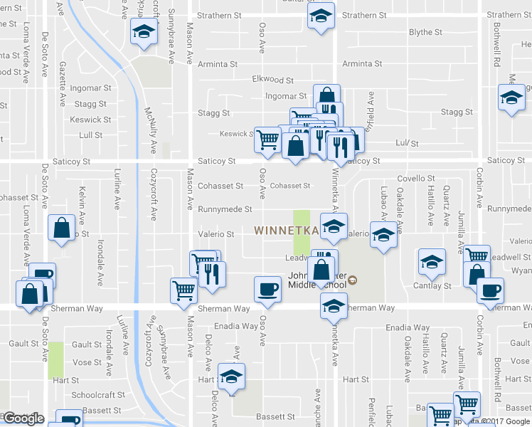 map of restaurants, bars, coffee shops, grocery stores, and more near 20258 Runnymede Street in Los Angeles