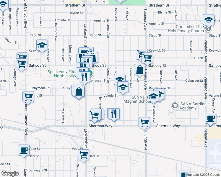 map of restaurants, bars, coffee shops, grocery stores, and more near 7426 Lemp Avenue in Los Angeles