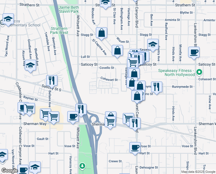 map of restaurants, bars, coffee shops, grocery stores, and more near 12301 Runnymede Street in Los Angeles