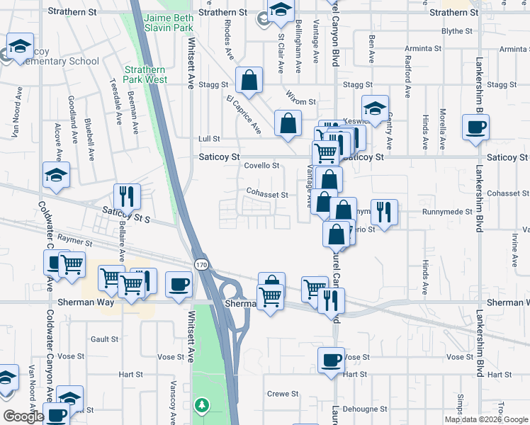 map of restaurants, bars, coffee shops, grocery stores, and more near 12301 Runnymede Street in Los Angeles