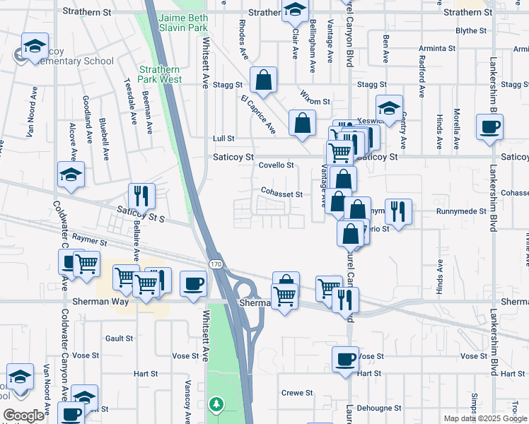 map of restaurants, bars, coffee shops, grocery stores, and more near 12301 Runnymede Street in Los Angeles