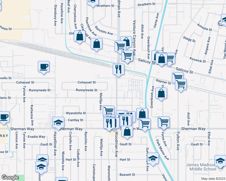 map of restaurants, bars, coffee shops, grocery stores, and more near 7438 Mammoth Avenue in Los Angeles