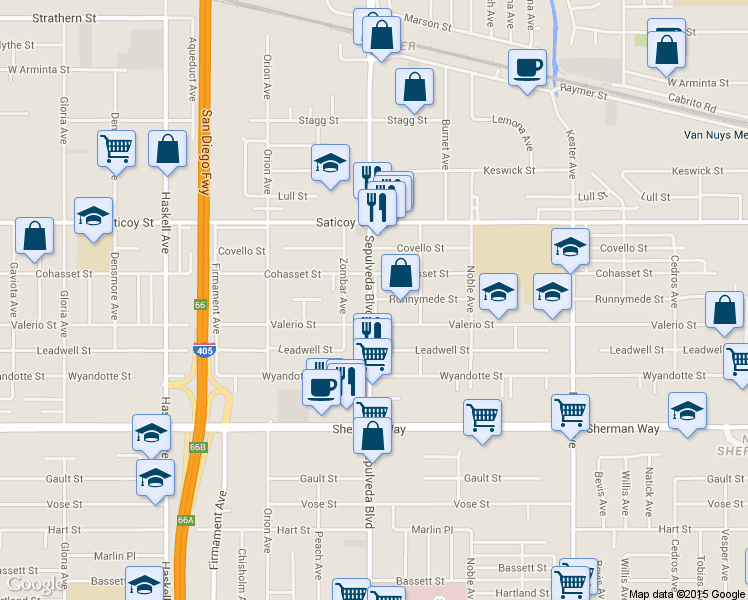 map of restaurants, bars, coffee shops, grocery stores, and more near 15235 Runnymede Street in Los Angeles