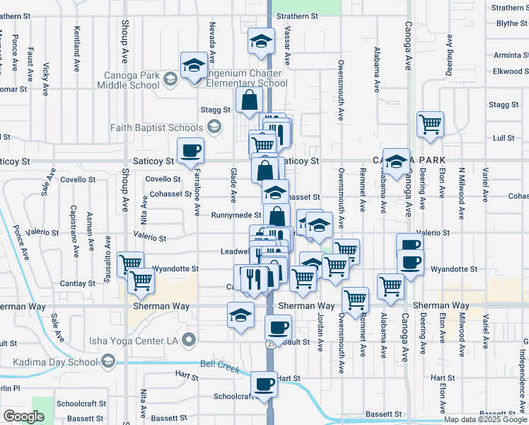 map of restaurants, bars, coffee shops, grocery stores, and more near 7451 Topanga Canyon Boulevard in Los Angeles