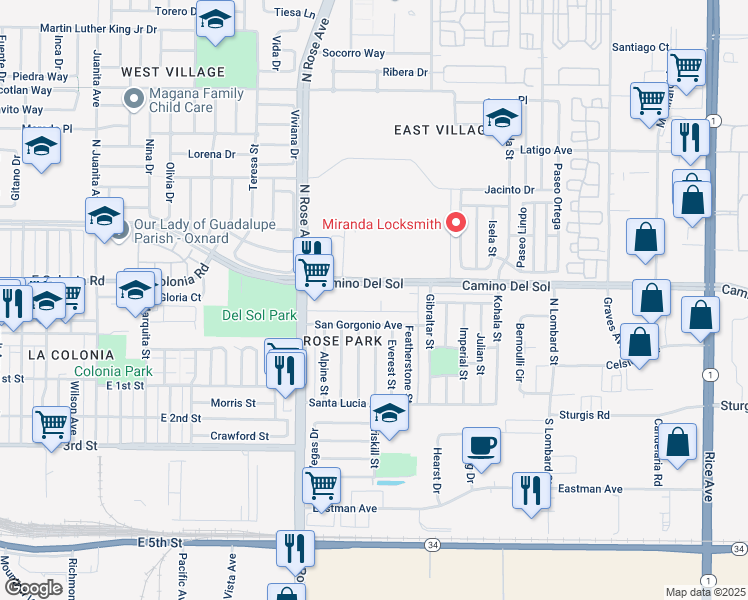 map of restaurants, bars, coffee shops, grocery stores, and more near 1920 Camino Del Sol in Oxnard