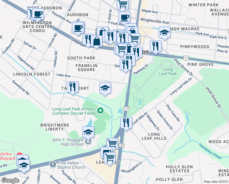 map of restaurants, bars, coffee shops, grocery stores, and more near Motts Forest Road in Wilmington