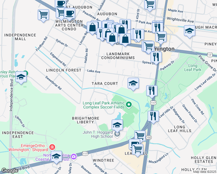 map of restaurants, bars, coffee shops, grocery stores, and more near 1707 Tara Court in Wilmington