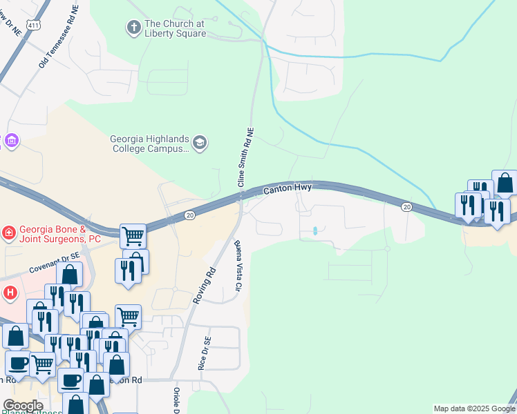 map of restaurants, bars, coffee shops, grocery stores, and more near 5500 Georgia 20 in Cartersville