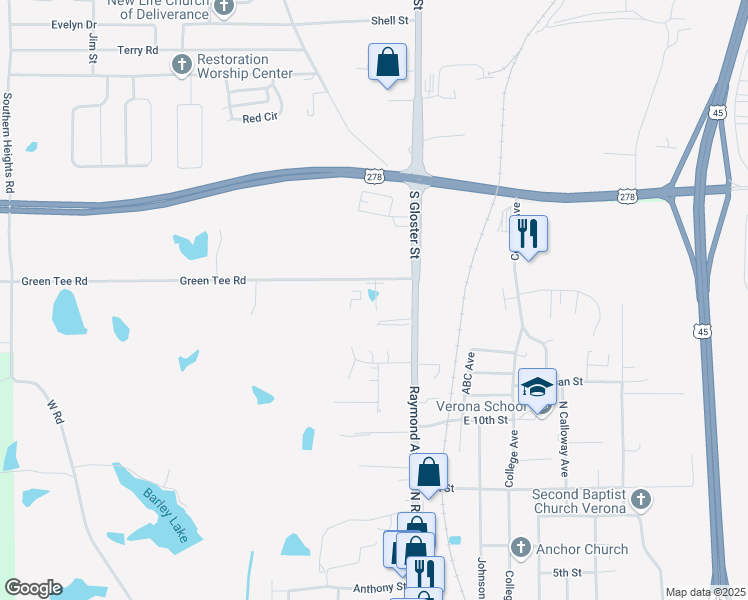 map of restaurants, bars, coffee shops, grocery stores, and more near 1049 Green Tee Road in Tupelo