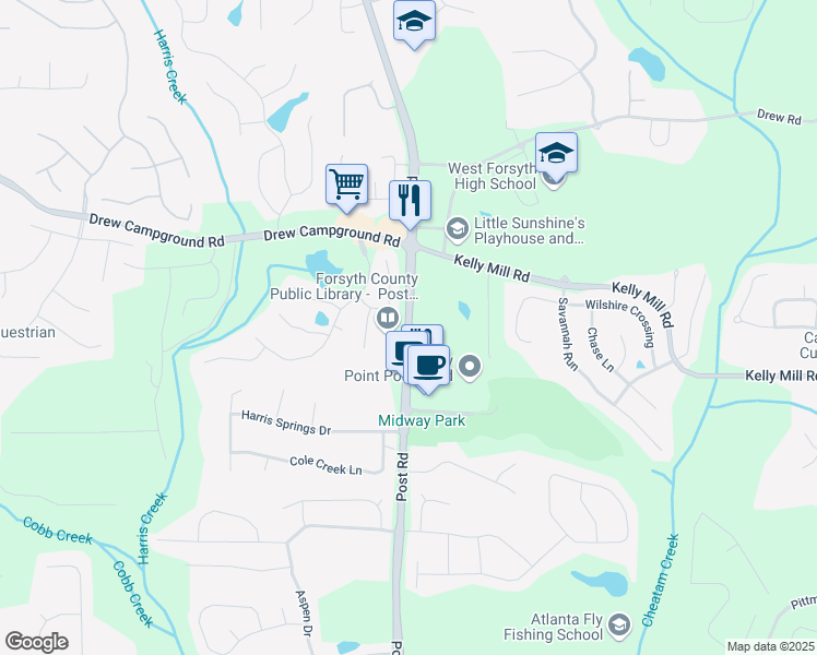 map of restaurants, bars, coffee shops, grocery stores, and more near 5010 Post Road in Cumming