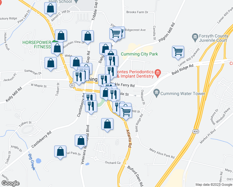 map of restaurants, bars, coffee shops, grocery stores, and more near 315 East Maple Street in Cumming