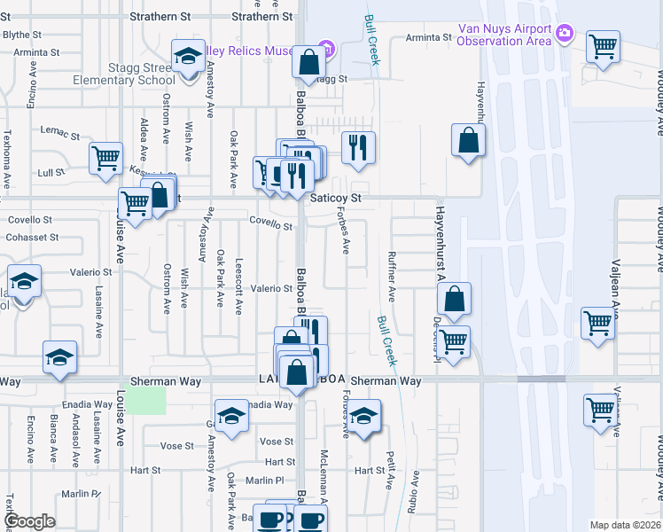 map of restaurants, bars, coffee shops, grocery stores, and more near 7434 McLennan Avenue in Los Angeles