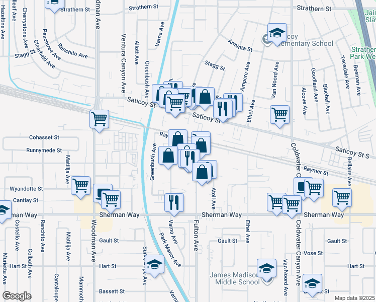 map of restaurants, bars, coffee shops, grocery stores, and more near 13340 Raymer Street in North Hollywood