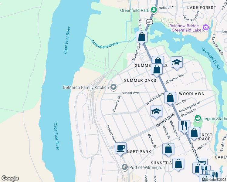 map of restaurants, bars, coffee shops, grocery stores, and more near 1917 Burnett Boulevard in Wilmington