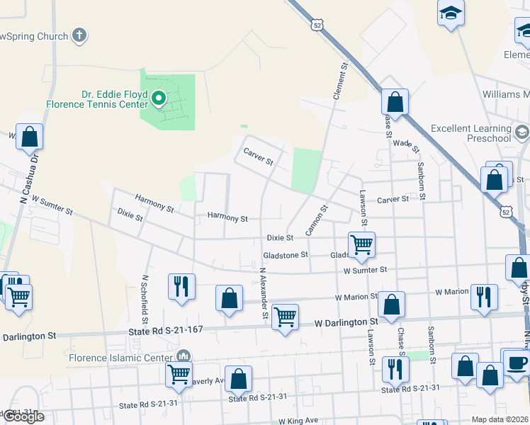 map of restaurants, bars, coffee shops, grocery stores, and more near 1005 Harmony Street in Florence