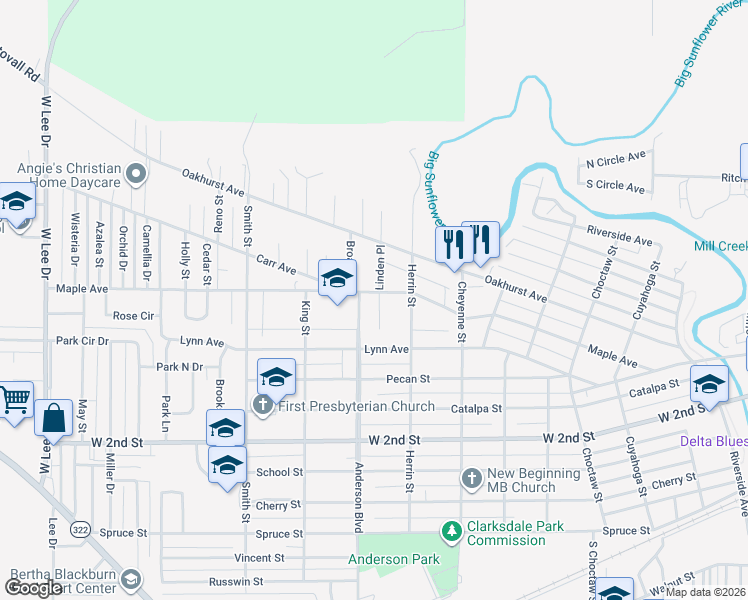 map of restaurants, bars, coffee shops, grocery stores, and more near 728-730 Maple Ave in Clarksdale