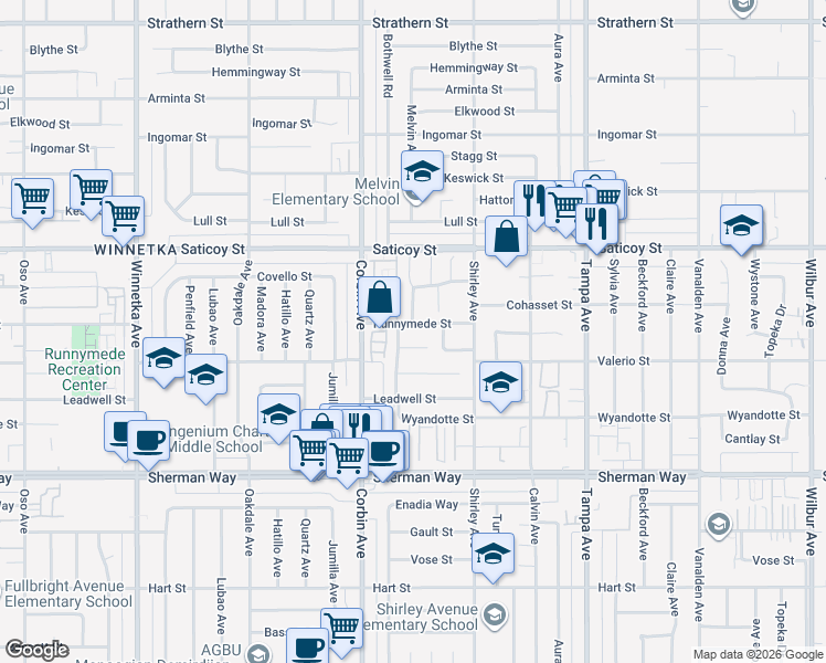 map of restaurants, bars, coffee shops, grocery stores, and more near 19608 Runnymede Street in Los Angeles