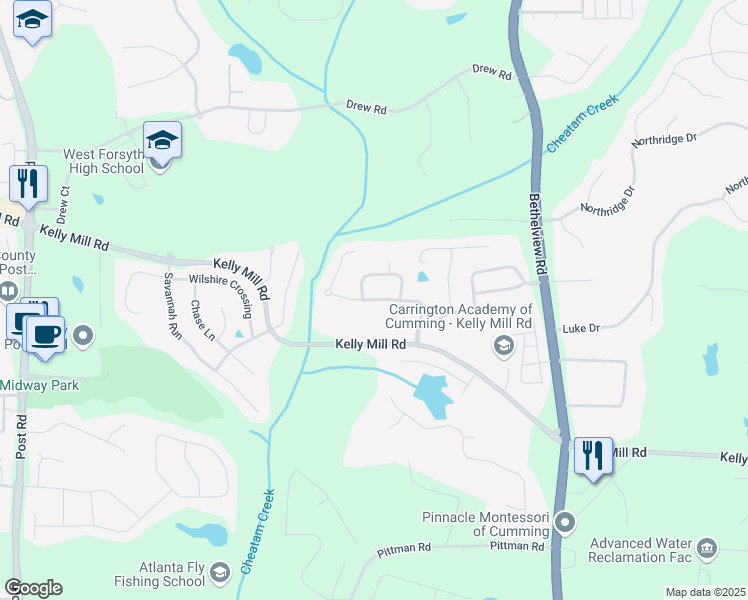 map of restaurants, bars, coffee shops, grocery stores, and more near 4635 Westgate Drive in Cumming