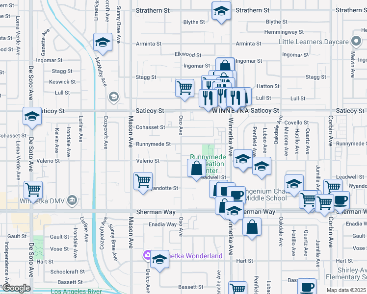 map of restaurants, bars, coffee shops, grocery stores, and more near 20258 Runnymede Street in Los Angeles