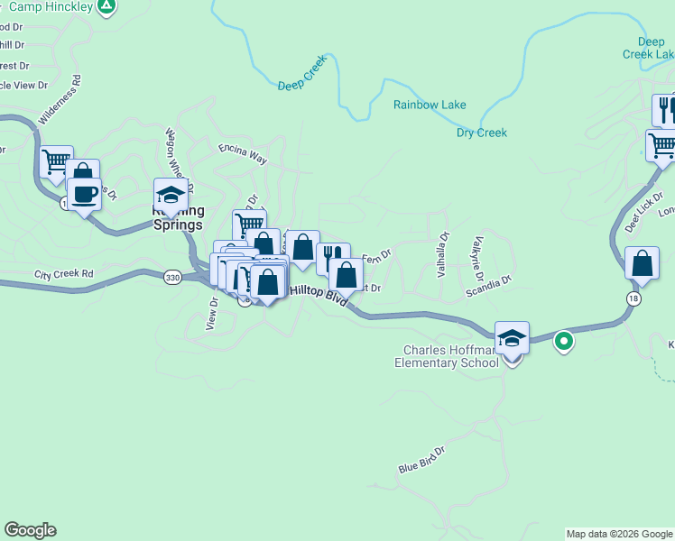 map of restaurants, bars, coffee shops, grocery stores, and more near 32133 Hunsaker Way in Running Springs