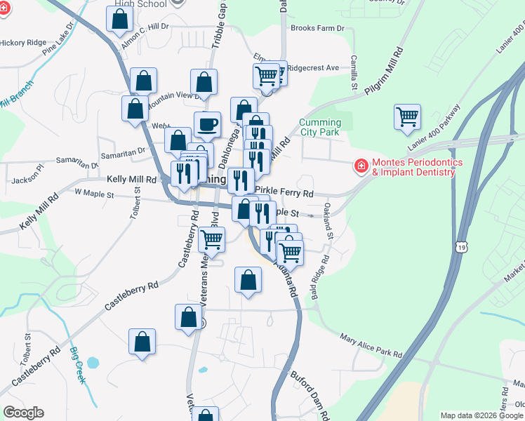 map of restaurants, bars, coffee shops, grocery stores, and more near 311 East Maple Street in Cumming