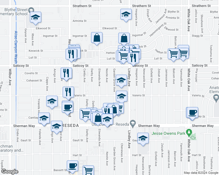 map of restaurants, bars, coffee shops, grocery stores, and more near 7434 Nestle Avenue in Los Angeles