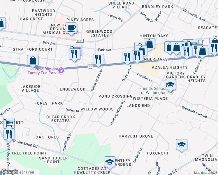 map of restaurants, bars, coffee shops, grocery stores, and more near 504 Dogwood Lane in Wilmington