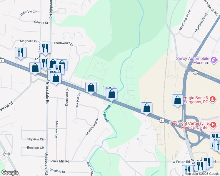 map of restaurants, bars, coffee shops, grocery stores, and more near 1230 Joe Frank Harris Parkway Southeast in Cartersville