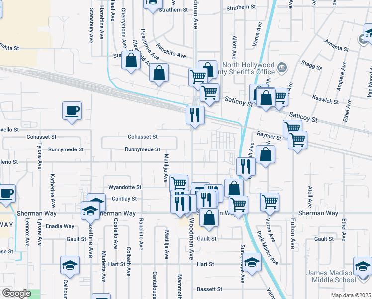 map of restaurants, bars, coffee shops, grocery stores, and more near 7439 Woodman Avenue in Los Angeles