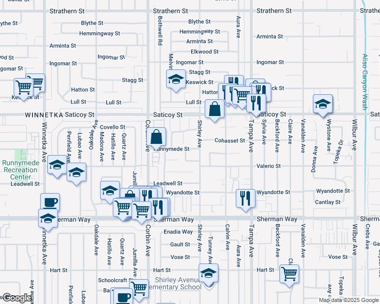 map of restaurants, bars, coffee shops, grocery stores, and more near 19515 Runnymede Street in Los Angeles