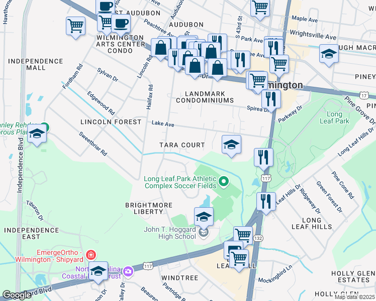 map of restaurants, bars, coffee shops, grocery stores, and more near 1707 Tara Court in Wilmington