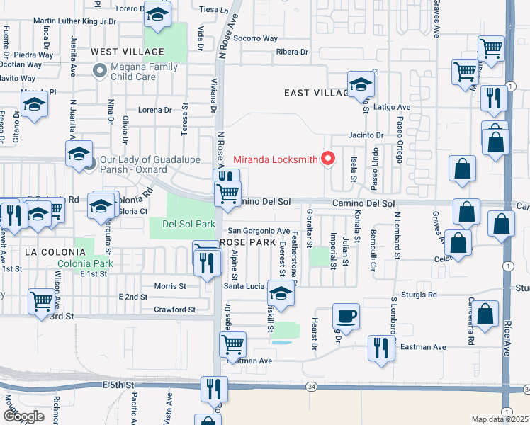 map of restaurants, bars, coffee shops, grocery stores, and more near 1920 Camino Del Sol in Oxnard