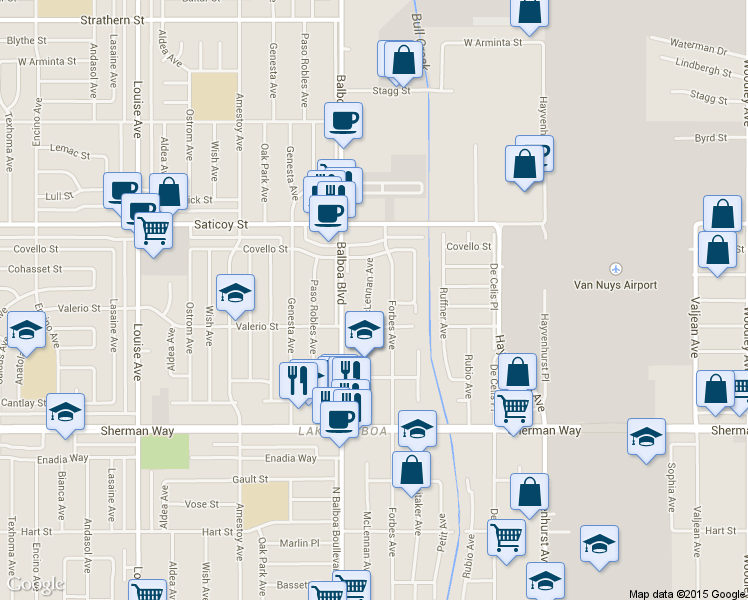 map of restaurants, bars, coffee shops, grocery stores, and more near 7434 McLennan Avenue in Los Angeles
