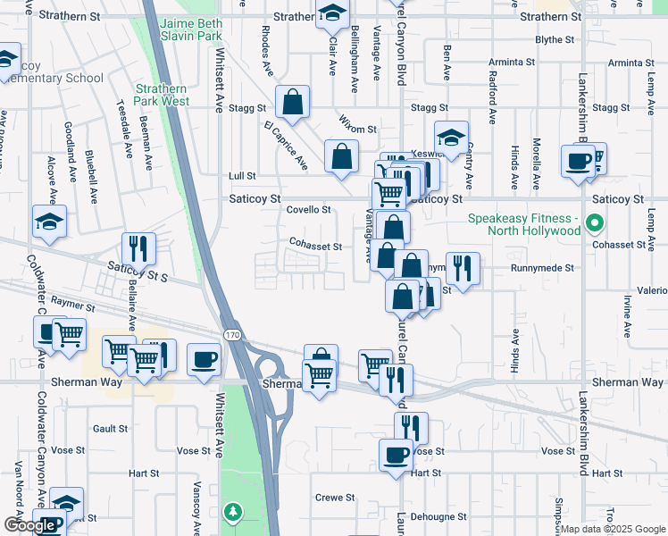 map of restaurants, bars, coffee shops, grocery stores, and more near 12228 Leayn Court in Los Angeles