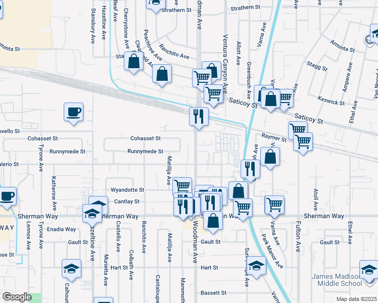 map of restaurants, bars, coffee shops, grocery stores, and more near 7439 Woodman Avenue in Los Angeles