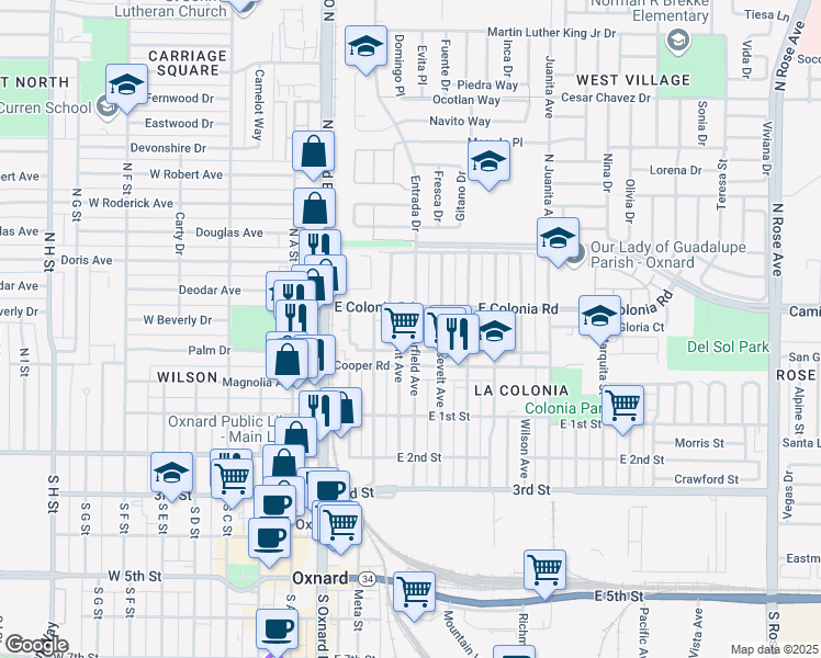 map of restaurants, bars, coffee shops, grocery stores, and more near 401 North Garfield Avenue in Oxnard