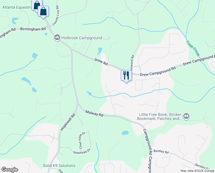 map of restaurants, bars, coffee shops, grocery stores, and more near 270 Birch Bend Drive in Alpharetta