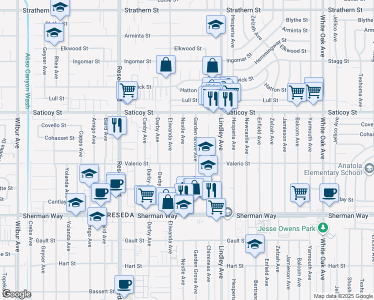 map of restaurants, bars, coffee shops, grocery stores, and more near 7434 Nestle Avenue in Los Angeles