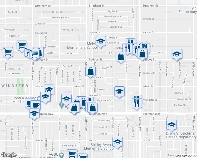 map of restaurants, bars, coffee shops, grocery stores, and more near 19608 Runnymede Street in Los Angeles