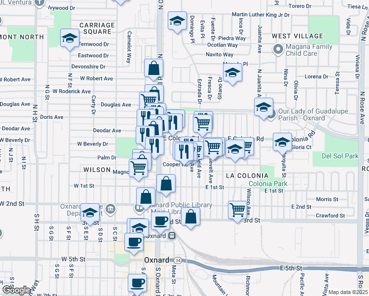 map of restaurants, bars, coffee shops, grocery stores, and more near 400 North Hayes Avenue in Oxnard