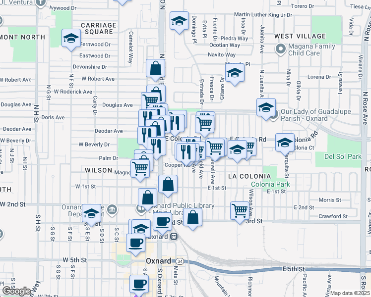 map of restaurants, bars, coffee shops, grocery stores, and more near 414 North Hayes Avenue in Oxnard