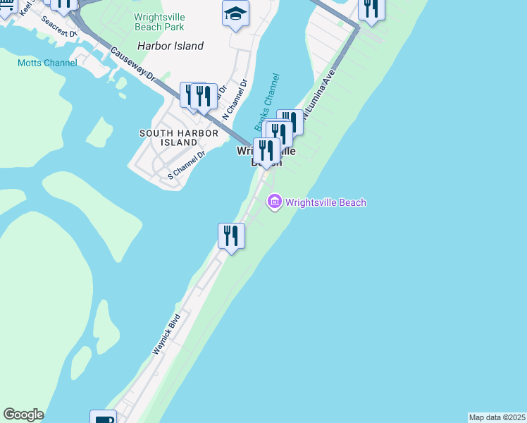 map of restaurants, bars, coffee shops, grocery stores, and more near South Lumina Avenue in Wrightsville Beach