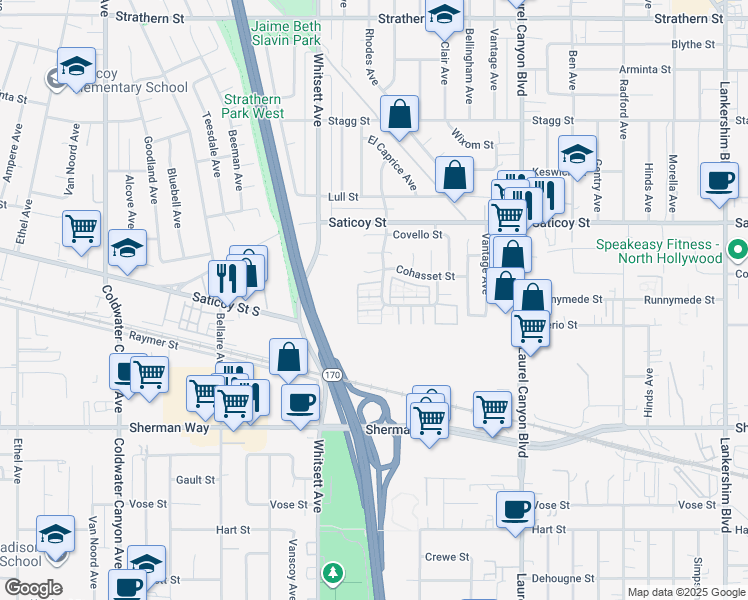 map of restaurants, bars, coffee shops, grocery stores, and more near 7431 Shadyglade Avenue in Los Angeles