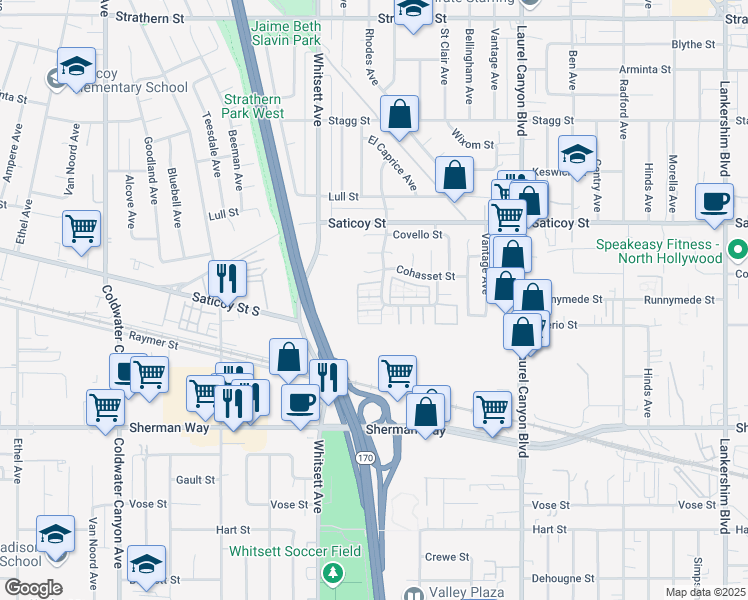map of restaurants, bars, coffee shops, grocery stores, and more near 7431 Shadyglade Avenue in Los Angeles