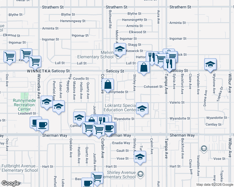 map of restaurants, bars, coffee shops, grocery stores, and more near 19555 Runnymede Street in Los Angeles