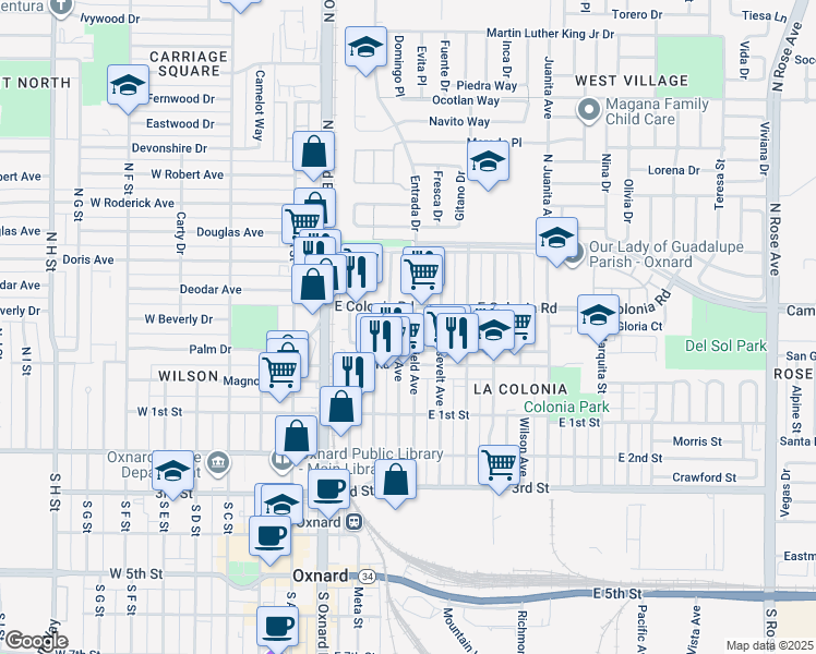 map of restaurants, bars, coffee shops, grocery stores, and more near 401 North Garfield Avenue in Oxnard