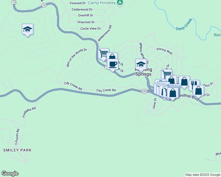 map of restaurants, bars, coffee shops, grocery stores, and more near 31588 Old City Creek Road in Running Springs