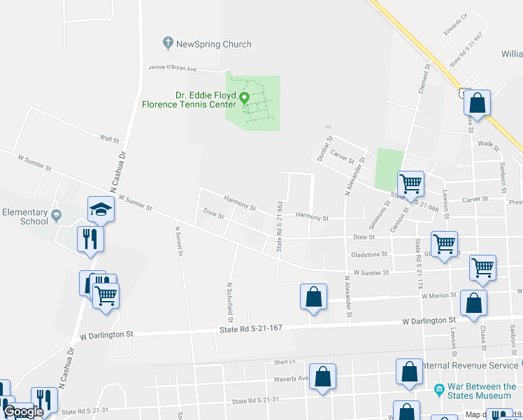 map of restaurants, bars, coffee shops, grocery stores, and more near 1209 Harmony Street in Florence