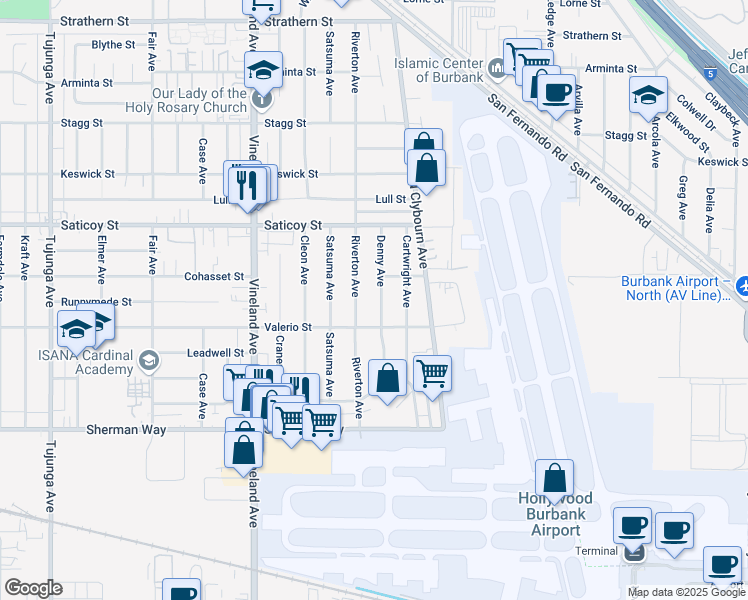 map of restaurants, bars, coffee shops, grocery stores, and more near 7437 Denny Avenue in Los Angeles